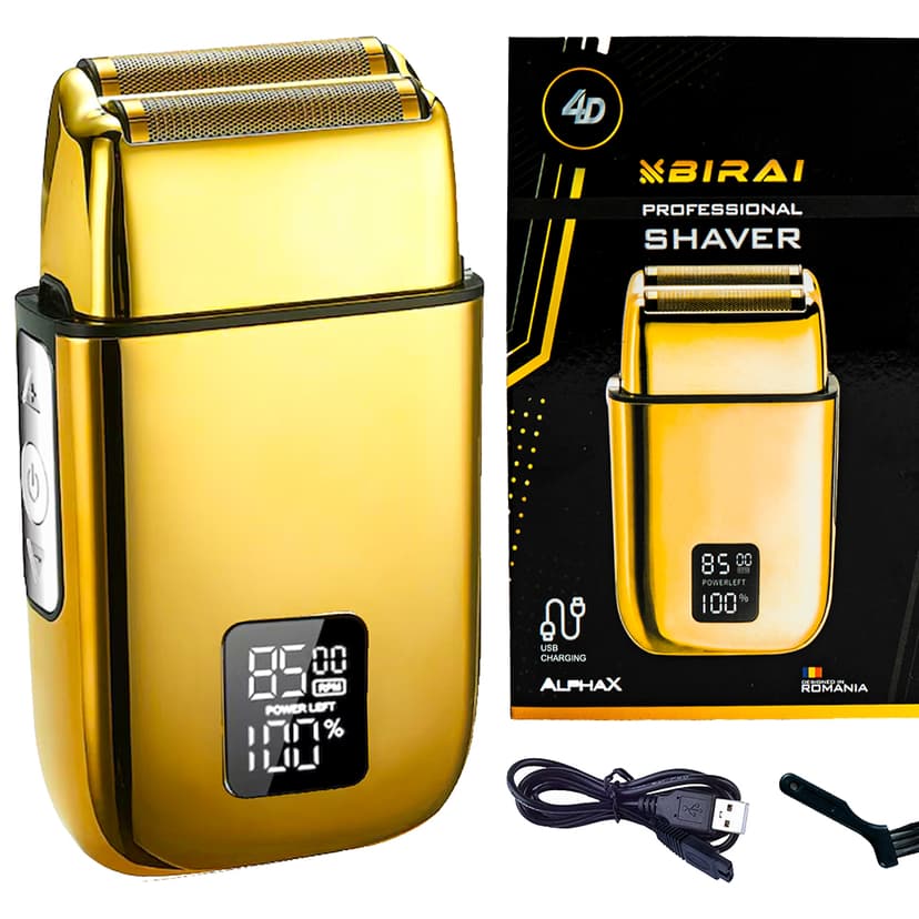 Aparat de Ras Electric Profesional BIRAI AlphaX 4D, 8500 RPM, 3 Viteze, Waterproof, LCD, USB, Umed/Uscat, Auriu