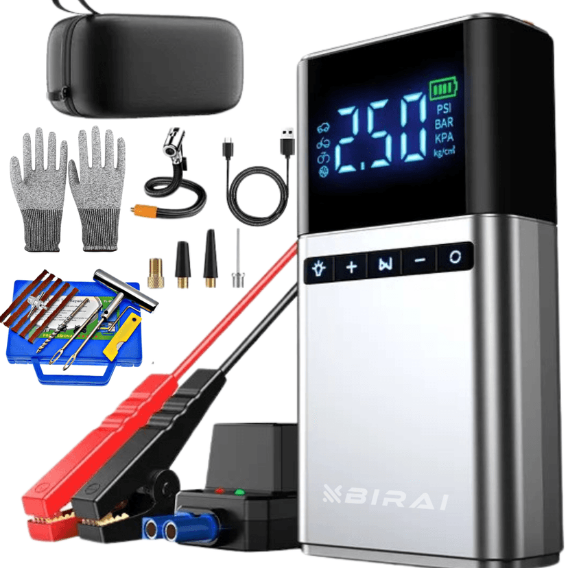 Starter Baterie Auto 12V BIRAI®, Portabil 4 în 1, 12000 mAh, Jump Starter 1500A, Compresor Auto, Lanternă LED, Baterie Externă, Protecție Polaritate, Kit Vulcanizare, Mănuși Auto Incluse