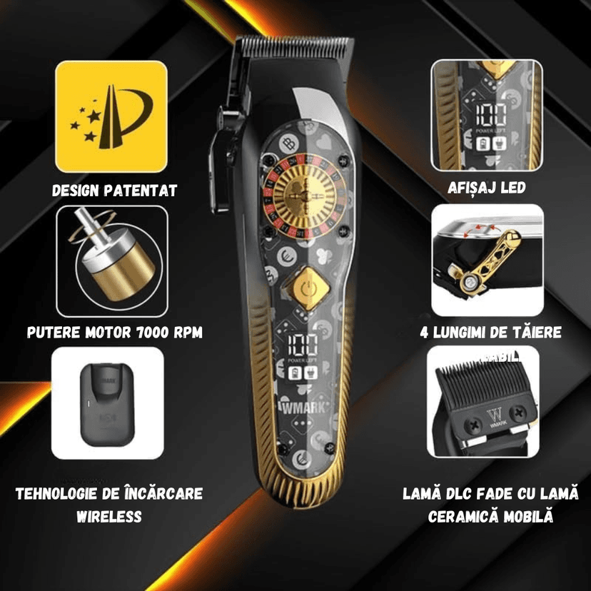 Masina de tuns profesionala WMARK BIRAI ROULETTE cu afisaj LED, lame titan, motor 7000 RPM si accesorii incluse