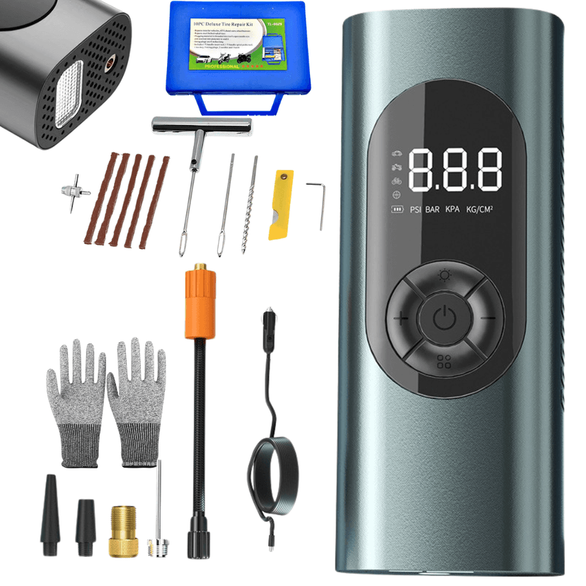 Compresor Auto Portabil BIRAI®, Pompă Digitală 150 PSI, Baterie 6000 mAh, Manometru Precis, LED, Kit Vulcanizare, Umflare Rapidă, Anvelope Auto, Moto, Bicicletă, Minge, Saltea, 4 Capete Universale, Ecran LCD