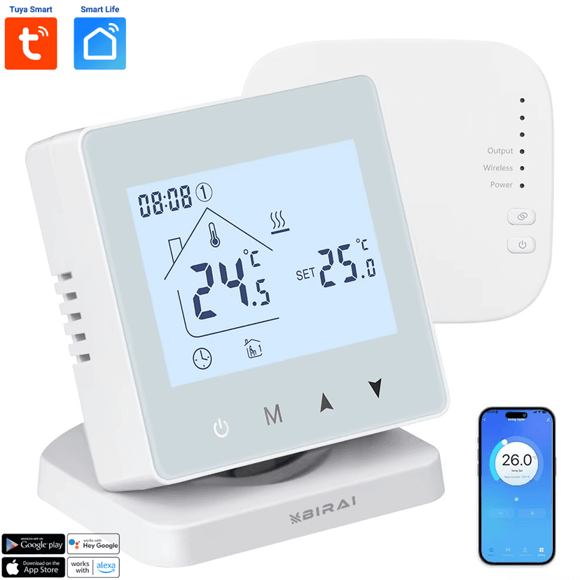 Termostat Inteligent BIRAI® WiFi – Compatibil Centrală, Tuya, Alexa, Google Home, Receiver Inclus