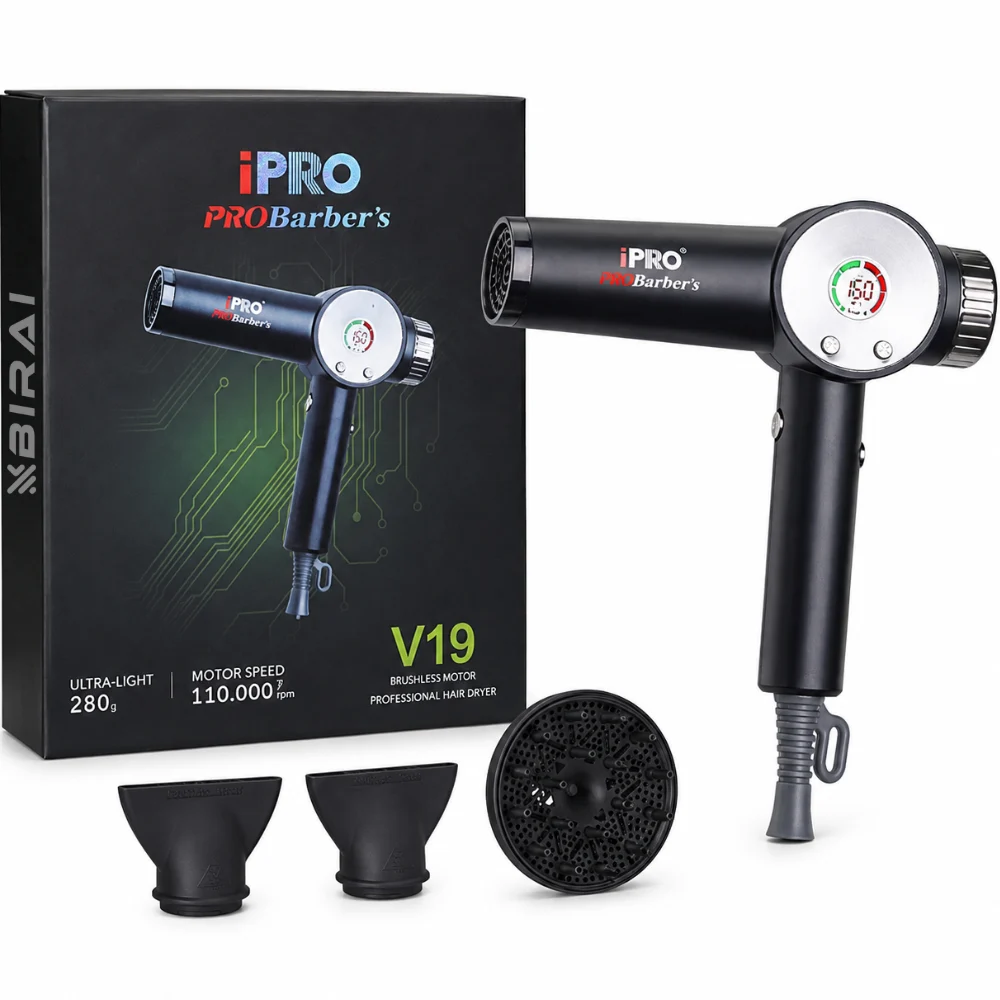 Uscător de Păr Profesional BIRAI iPRO Barber's V19, 1800W, 110.000 RPM, Negru