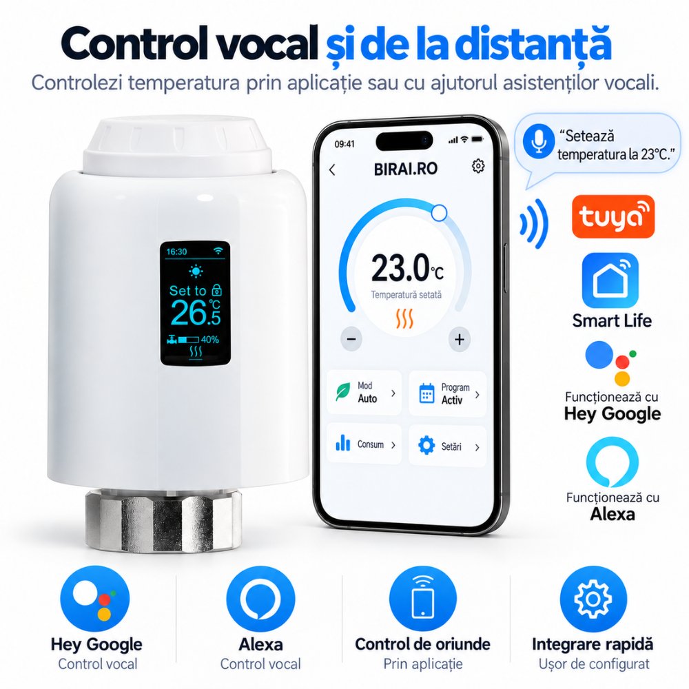 Termostat Smart WiFi pentru Calorifer BIRAI ThermoValve Vision, Afișaj Color Rotativ, Tuya, Alexa, M30 × 1,5 mm, Alb