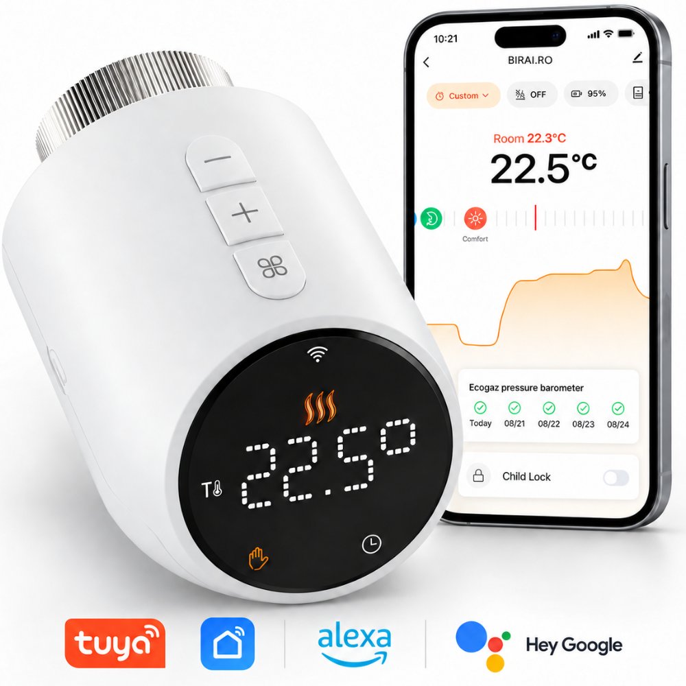 Termostat Smart WiFi pentru Calorifer BIRAI ThermoValve Pro, Tuya, Alexa, Google Home, M30 × 1,5 mm, Alb