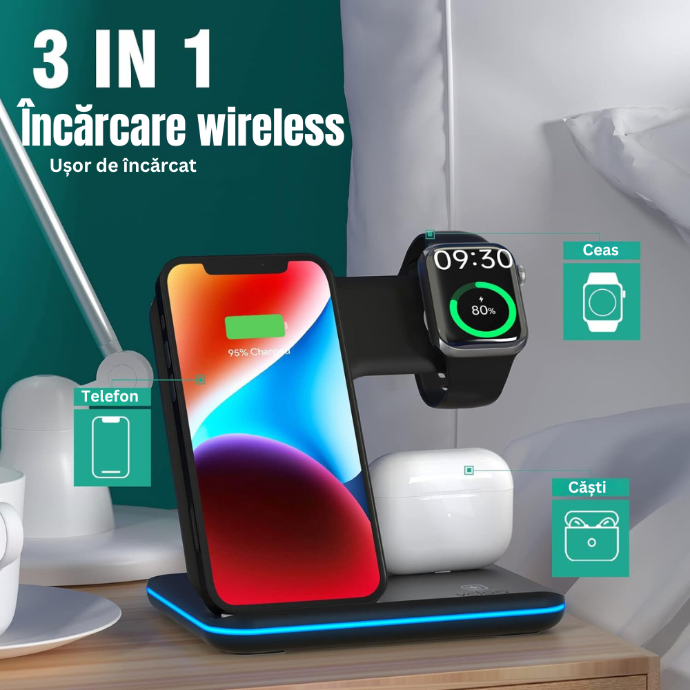 Încărcător Wireless Profesional 3 în 1 BIRAI® – Fast Charger 15W pentru Telefon, Căști & Smartwatch, Compatibil iPhone, Apple Watch, AirPods, Samsung, Huawei, Xiaomi, Android, USB Type-C, Alb - imagine 5