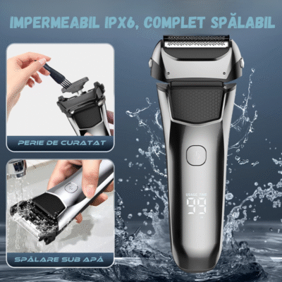 Aparat de ras electric BIRAI® FK-609 complet lavabil IPX7, utilizare umedă/uscată și curățare sub jet de apă.