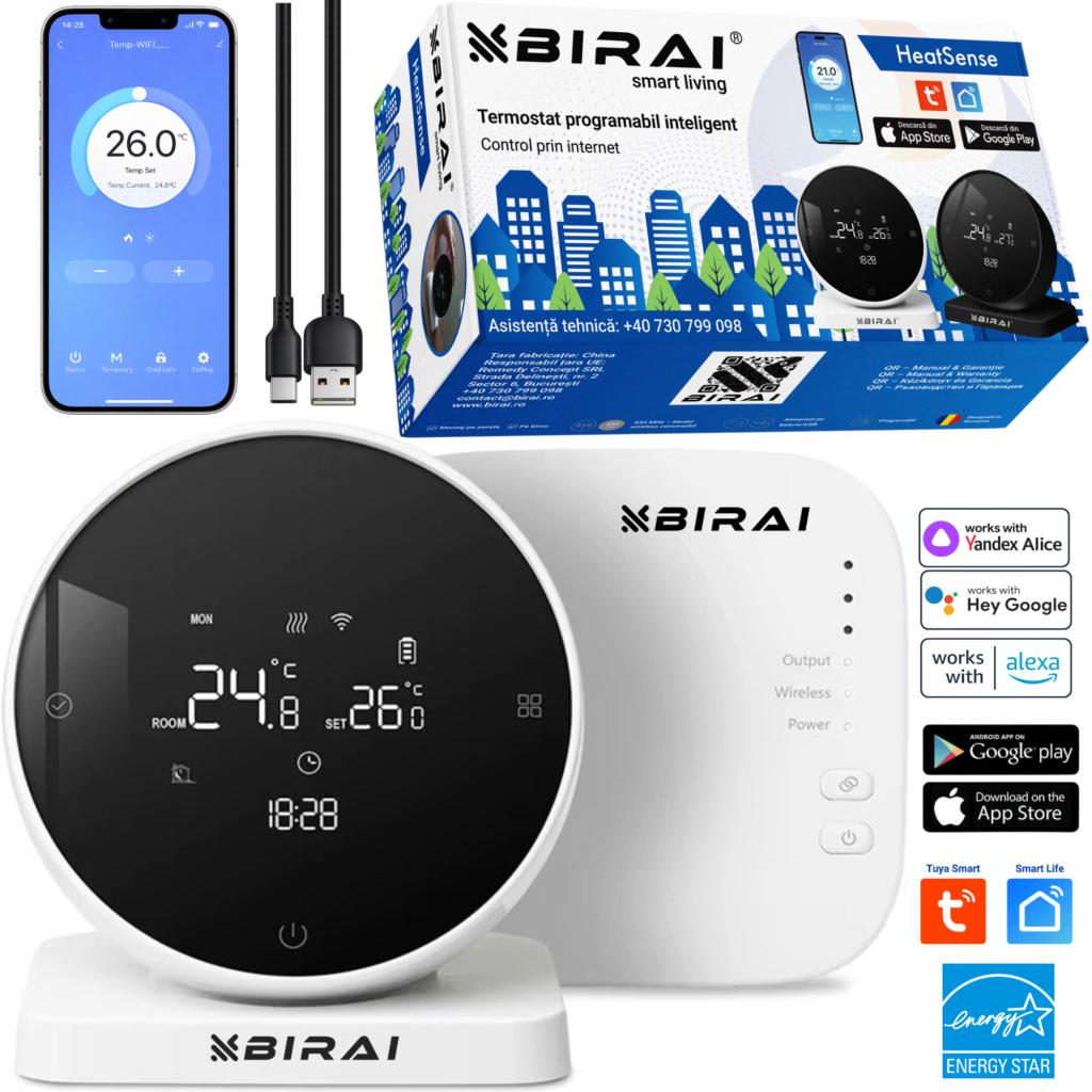 Termostat Smart WiFi Wireless BIRAI HeatSense, Control din Telefon, Compatibil Centrala Termica, Tuya, Google Home, Alexa, Receiver Inclus, Alb