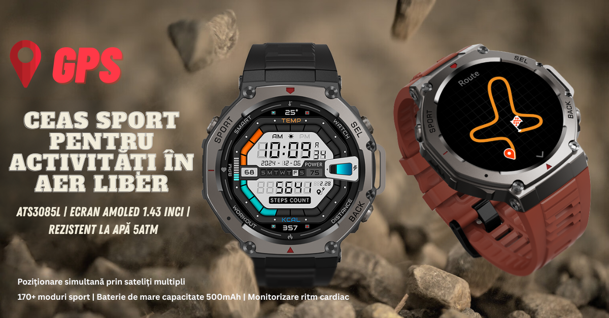 Smartwatch bărbați sport cu GPS, AMOLED 1.43", rezistent la apă 5ATM, GloryFitPro BIRAI