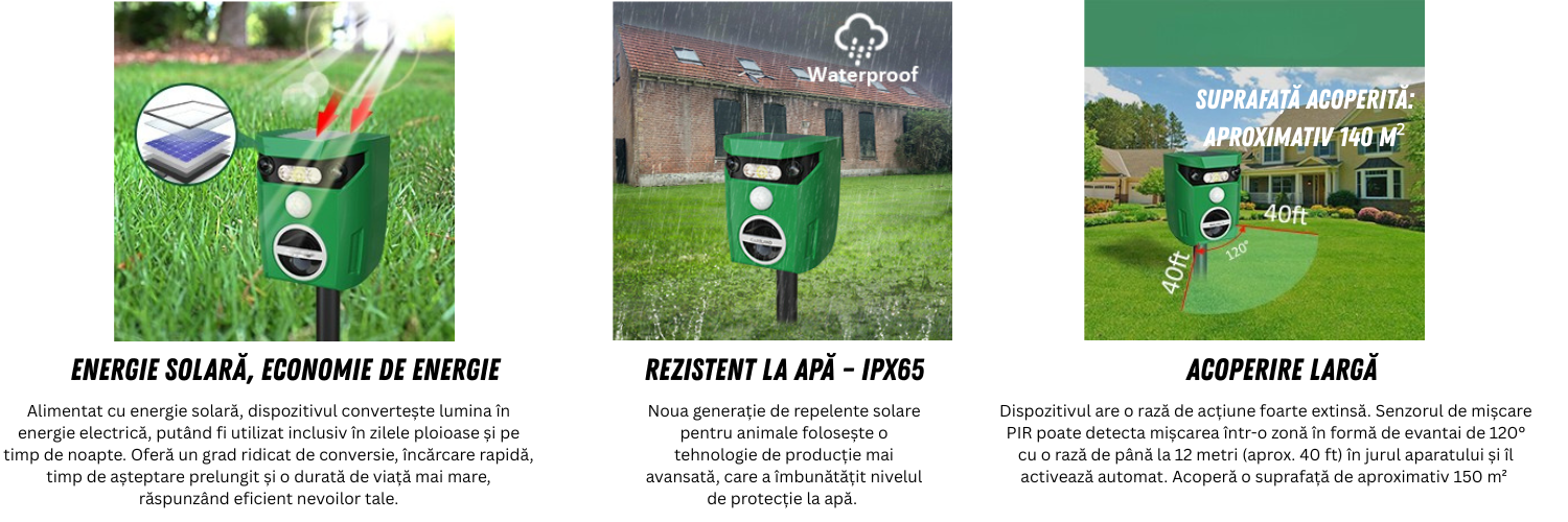 Aparat cu ultrasunete anti animale Birai AR01, senzor de mișcare, acoperire 150m², rezistent la apă, energie solară, portocaliu.