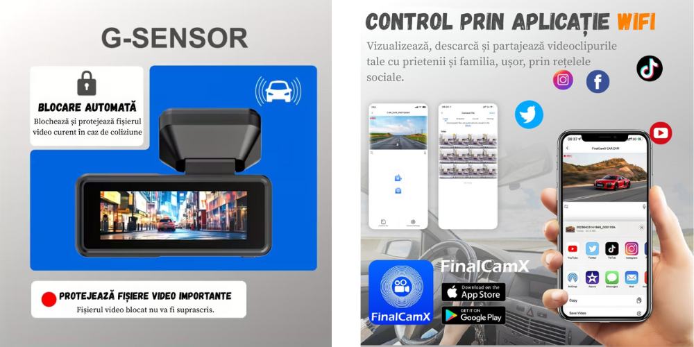 Camera auto BIRAI® RoadPro A215 protejeaza automat fisierele video in caz de coliziune – functia inteligenta G-Sensor.