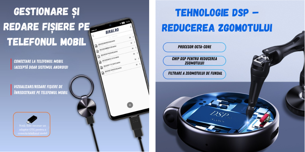 Reportofon Spion BIRAI BR30 cu tehnologie DSP si redare fisiere pe telefon