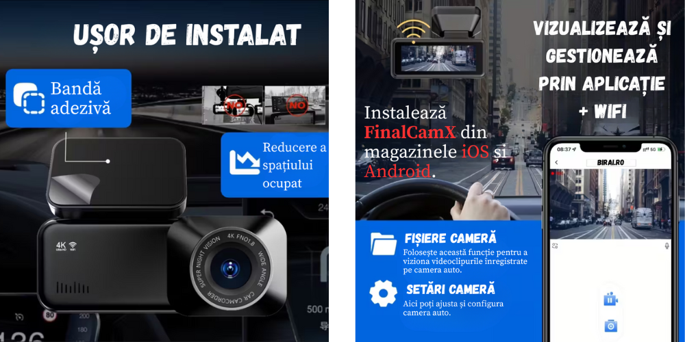 Instalare rapidă și sigură cu bandă adezivă – camera auto BIRAI® RoadPro A215 se montează ușor pe orice parbriz.