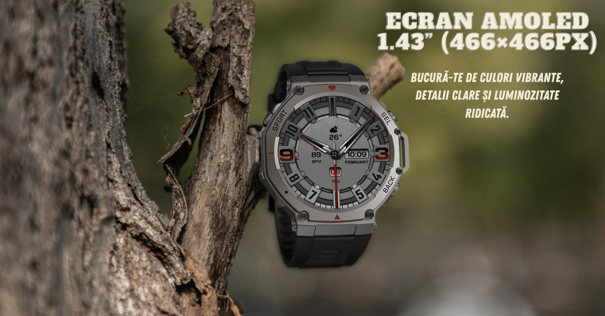 Smartwatch bărbați GloryFitPro BIRAI®, ecran AMOLED 1.43", culori vibrante și luminozitate ridicată