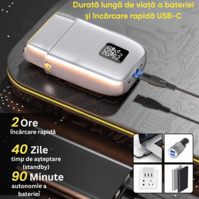 Aparat de Ras Electric Profesional BIRAI AlphaX 4D, 8500 RPM, 3 Viteze, Waterproof, LCD, USB, Umed/Uscat, Argintiu - imagine 4