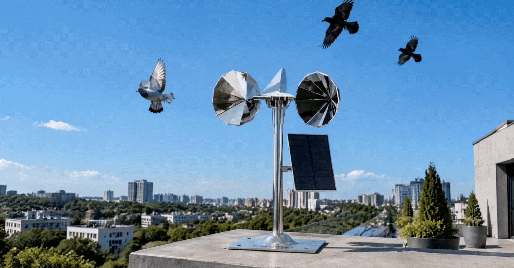 Aparat anti-porumbei solar BIRAI SkyGuard cu reflectoare rotative 360 grade