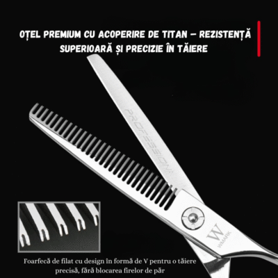 Foarfecă profesională de filat WMARK BIRAI, oțel japonez 440C, dinți fini pentru subțiere precisă, design ergonomic.