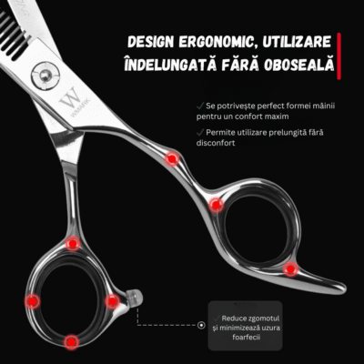 Foarfecă profesională WMARK BIRAI cu design ergonomic, oțel japonez 440C, precizie pentru frizeri și hairstyliști.