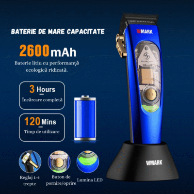 Mașină de tuns profesională WMARK cu baterie 2600mAh, autonomie 4 ore, afișaj LED și motor de mare viteză.