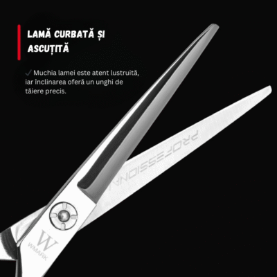 Foarfecă profesională de tuns WMARK BIRAI, oțel japonez 440C, precizie ridicată, design ergonomic, accesorii incluse.