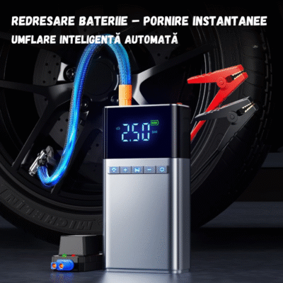 Starter Baterie Auto 12V BIRAI®, Portabil 4 în 1, 12000 mAh, Jump Starter 1500A, Compresor Auto, Lanternă LED, Baterie Externă, Protecție Polaritate, Kit Vulcanizare, Mănuși Auto Incluse - imagine 2
