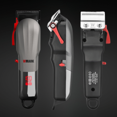 Vedere frontală și laterală a mașinii de tuns profesionale WMARK by BIRAI®, cu detalii de design și componente tehnice.