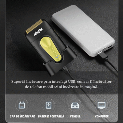 Aparat de ras electric WMARK Supreme conectat la un power bank prin cablu USB, prezentare opțiuni de încărcare portabilă.