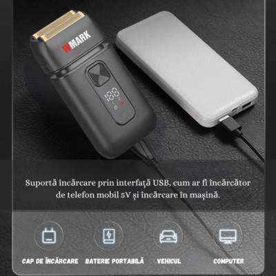 Aparat de ras electric Wmark Evo BIRAI cu alimentare USB, baterie portabilă, încărcare rapidă în mașină sau computer.