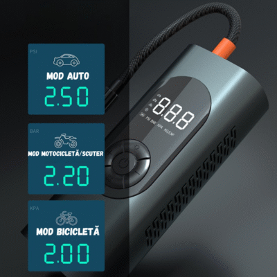 Compresor Auto Portabil BIRAI®, Pompă Digitală 150 PSI, Baterie 6000 mAh, Manometru Precis, LED, Kit Vulcanizare, Umflare Rapidă, Anvelope Auto, Moto, Bicicletă, Minge, Saltea, 4 Capete Universale, Ecran LCD - imagine 4