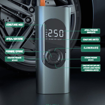 Compresor Auto Portabil BIRAI®, Pompă Digitală 150 PSI, Baterie 6000 mAh, Manometru Precis, LED, Kit Vulcanizare, Umflare Rapidă, Anvelope Auto, Moto, Bicicletă, Minge, Saltea, 4 Capete Universale, Ecran LCD - imagine 6