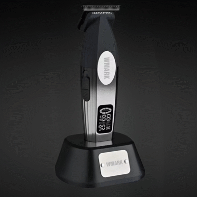 Mașină de tuns profesională WMARK neagră cu afișaj LED, motor puternic și design ergonomic pentru frizerii moderne.
