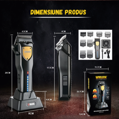 Dimensiuni produs mașină de tuns profesională WMARK Sonic, motor 7000 RPM, lame titan, afișaj LED, accesorii complete pentru frizerii.