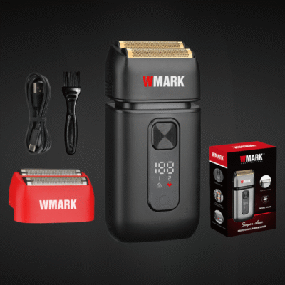 Set complet Wmark Evo by BIRAI – aparat de ras electric, trimmer, husă, cablu USB, perie de curățare.