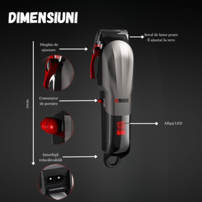 Dimensiuni mașină de tuns profesională WMARK, detalii ergonomice și componente principale