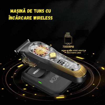 Masina de tuns profesionala WMARK BIRAI cu sistem de incarcare wireless si design modern.