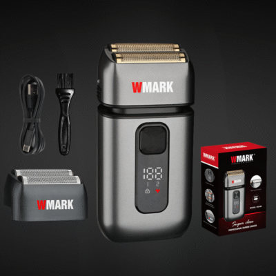 Aparat de ras electric profesional Wmark Evo BIRAI cu trimmer de precizie, display LCD, alimentare USB, accesorii incluse.