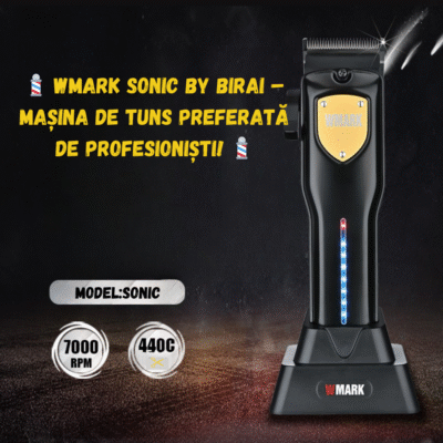 Mașină de tuns profesională WMARK Sonic preferată de frizeri, motor 7000 RPM, lame titan, afișaj LED, stand de încărcare rapidă.