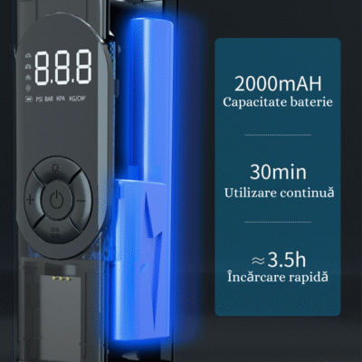 Compresor Auto Portabil BIRAI®, Pompă Digitală 150 PSI, Baterie 6000 mAh, Manometru Precis, LED, Kit Vulcanizare, Umflare Rapidă, Anvelope Auto, Moto, Bicicletă, Minge, Saltea, 4 Capete Universale, Ecran LCD - imagine 16