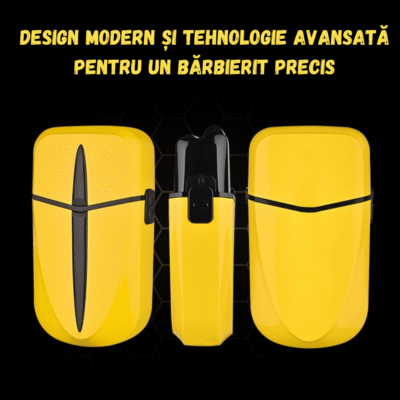 Aparat de ras electric WMARK Edge galben cu accesorii complete: cablu USB, perie curățare, capac protecție și husă depozitare
