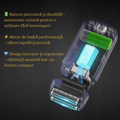 Vedere detaliată în secțiune a aparatului de ras electric WMARK Supreme, prezentând bateria performantă, motorul puternic și designul ergonomic.