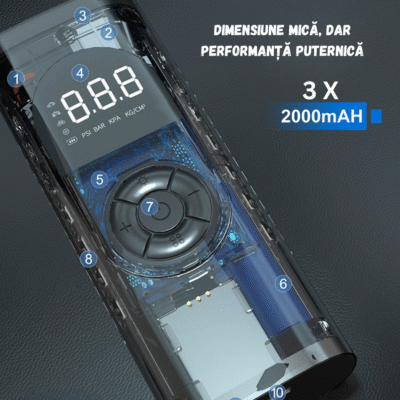 Compresor Auto Portabil BIRAI®, Pompă Digitală 150 PSI, Baterie 6000 mAh, Manometru Precis, LED, Kit Vulcanizare, Umflare Rapidă, Anvelope Auto, Moto, Bicicletă, Minge, Saltea, 4 Capete Universale, Ecran LCD - imagine 17