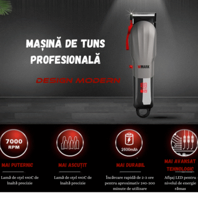 Mașină de tuns profesională WMARK, motor puternic, lame titan, afișaj LED, performanță premium pentru frizerii.