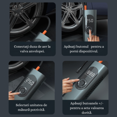 Compresor Auto Portabil BIRAI®, Pompă Digitală 150 PSI, Baterie 6000 mAh, Manometru Precis, LED, Kit Vulcanizare, Umflare Rapidă, Anvelope Auto, Moto, Bicicletă, Minge, Saltea, 4 Capete Universale, Ecran LCD - imagine 2