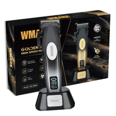 Mașină de tuns profesională WMARK Golden Mirage argintiu cu negru, motor 9000 RPM, lame titan și afișaj LED, set complet pentru frizerii.