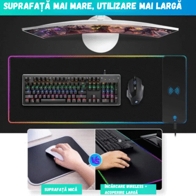 MousePad Gaming RGB BIRAI cu suprafata mare, iluminare LED si incarcare wireless, comparatie cu mousepad standard.