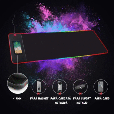 MousePad Gaming RGB BIRAI cu incarcare wireless si 7 moduri de iluminare LED, control prin comutator tactil.