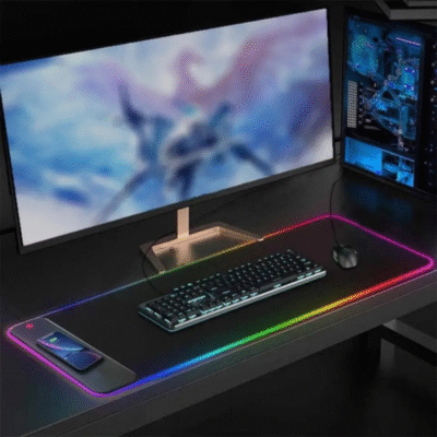 MousePad Gaming RGB BIRAI cu incarcare wireless, suprafata mare iluminata, birou modern cu tastatura si monitor.