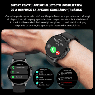 Ceas Smartwatch Inteligent si Bratara Fitness BIRAI®, Android si IOS, AMOLED Full Touch 1.43 Inch, Slim, Apeluri, Microfon, Difuzor, Notificari/Sms/Social Media, Monitorizare Activitati Fizice, Somn, Ritm Cardiac, Pedometru, Rezistent la Apa, Negru - imagine 3