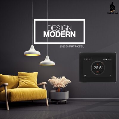 Termostat inteligent BIRAI® FLC cu ecran tactil modern, compatibil WiFi, control vocal prin Alexa și Google Home, design elegant pentru interioare contemporane.
