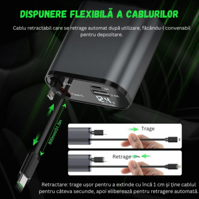 Încărcător Auto 100W Super Fast Charge BIRAI® – Afișaj LED, 4 în 1, Type-C & Lightning, USB-C & USB, Cablu Telescopic 80cm, Universal, Compatibil iPhone, Samsung, Huawei, Argintiu - imagine 2
