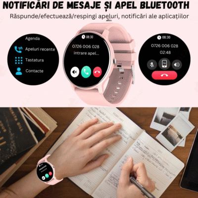 Smartwatch UltraSmart roz cu notificări mesaje, apel Bluetooth, agendă contacte și ecran tactil HD.
